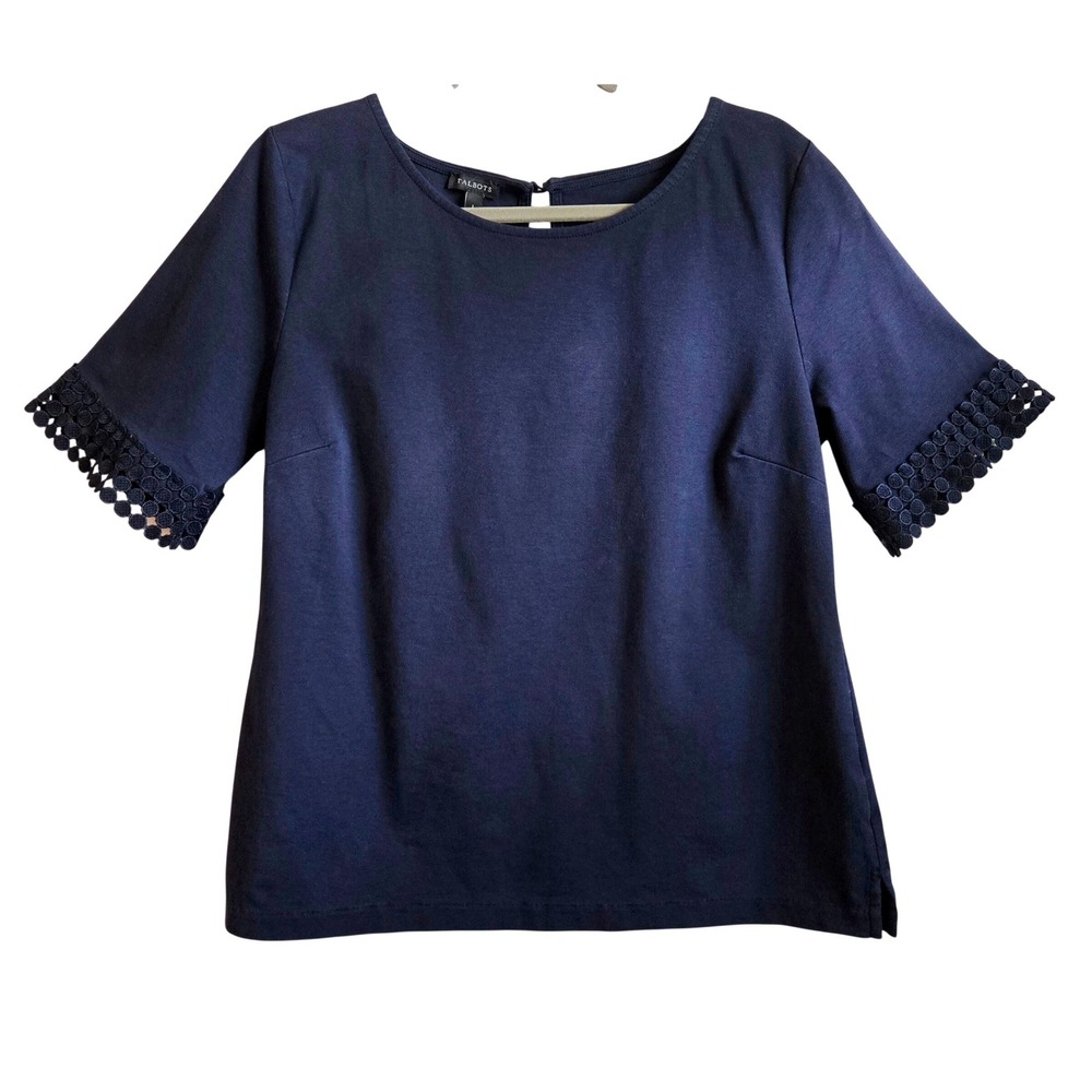 Talbots Womens L Chic Navy Blue Short Sleeve Crochet Lace Trim Keyhole Back Top